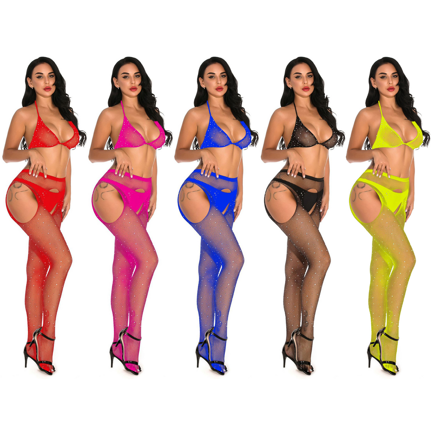Diamante Fishnet Stockings with Matching Bra