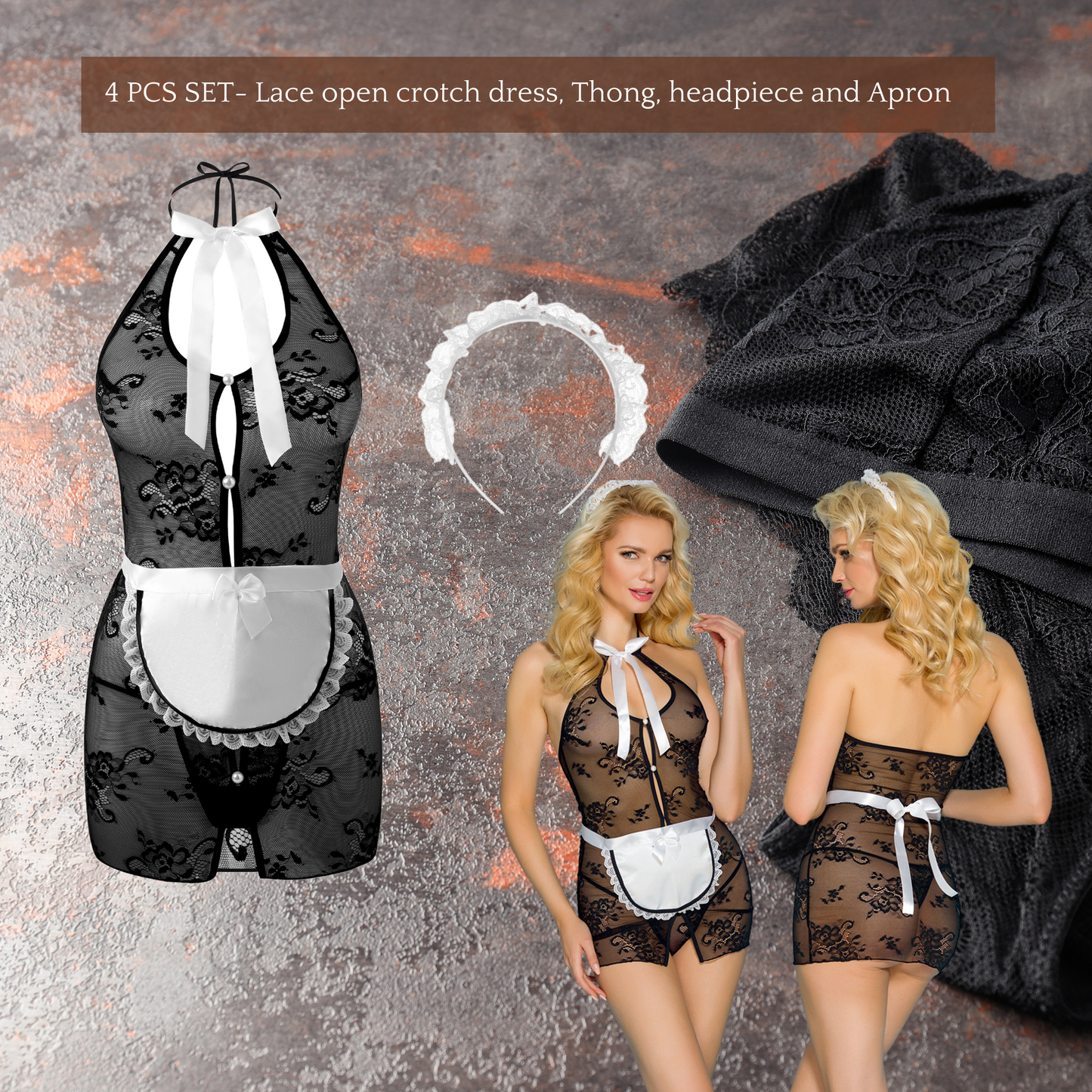 Sexy French Maid 4 Pcs Lace Costume Babydoll Lingerie Set