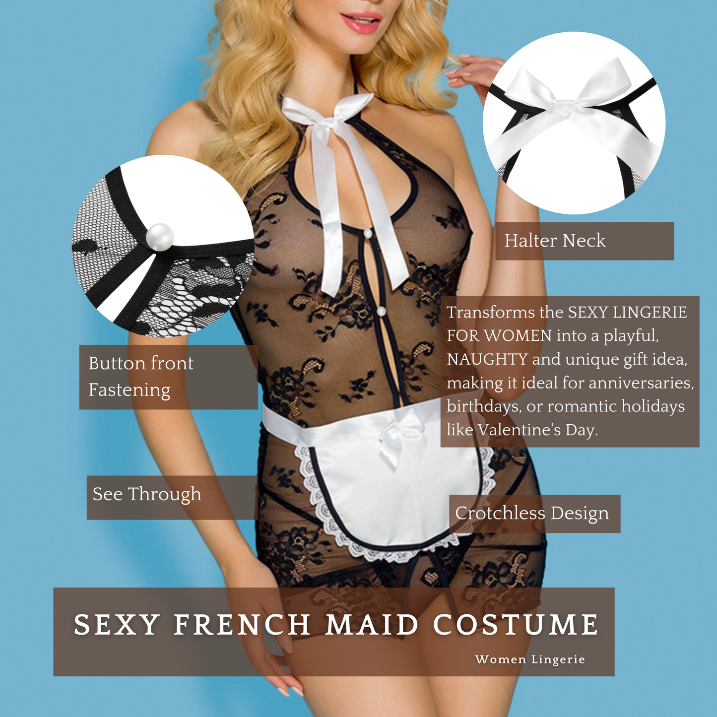 Sexy French Maid 4 Pcs Lace Costume Babydoll Lingerie Set