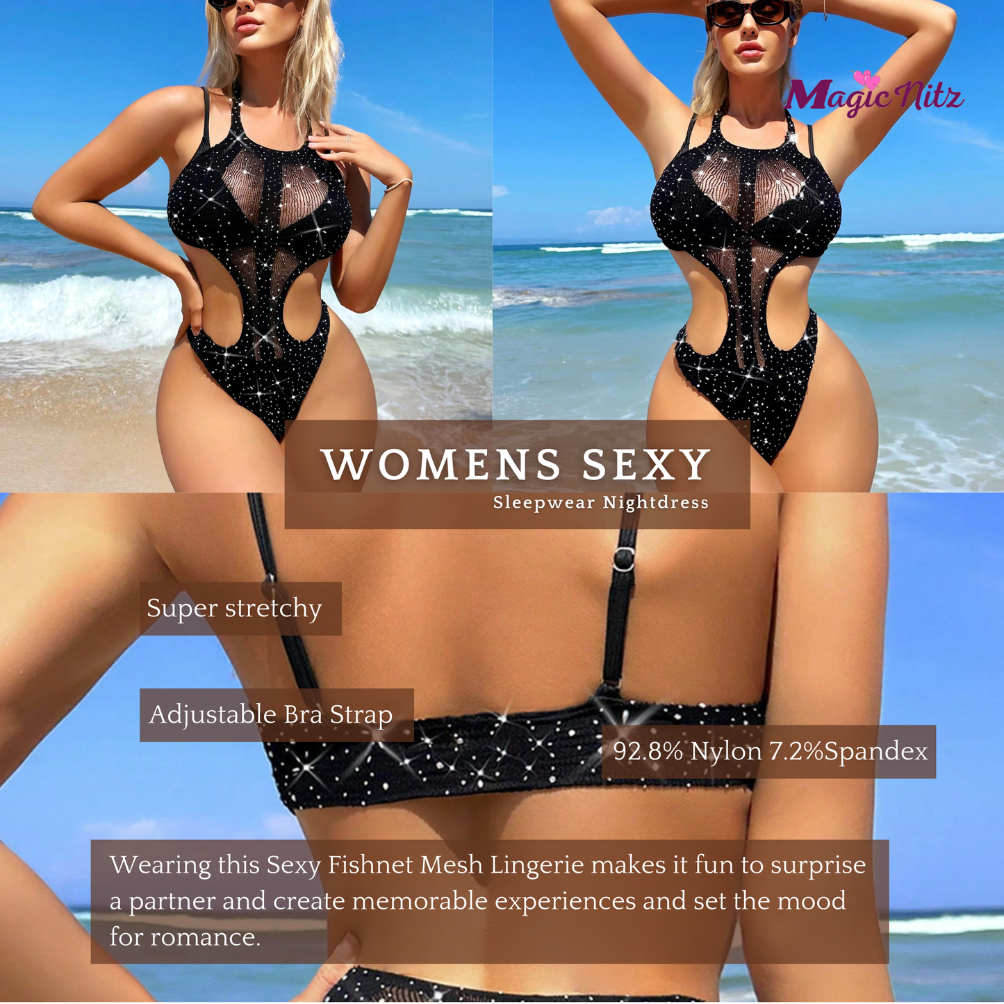 Sexy Women Bodysuit Bodystocking Lingerie for Women with Diamond Gemstone
