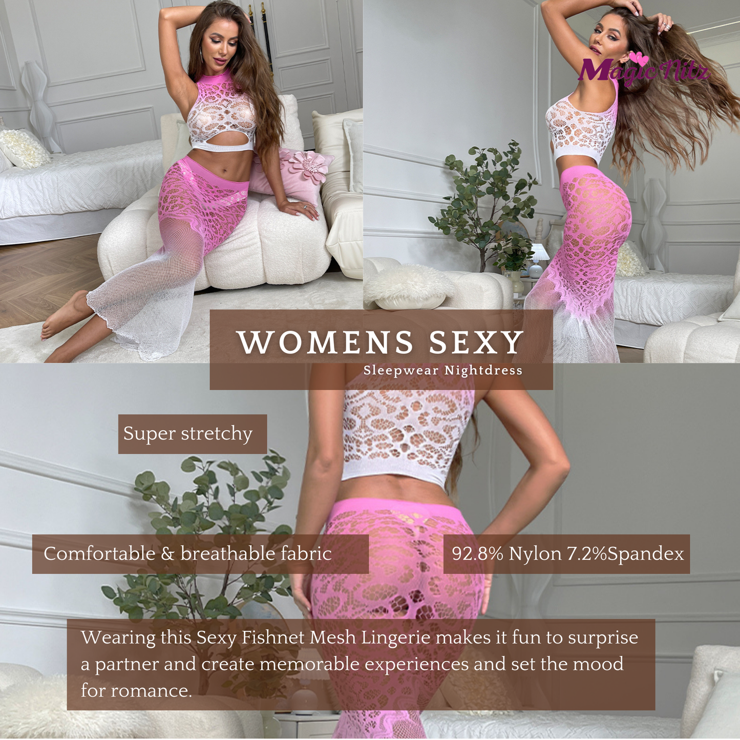 Sexy Fishnet Dress,Mesh Lingerie,See-Through Babydoll,Stretchy Sleepwear Nightwear Hollow Out, 2pcs Fishtail Nightdress for Cosplay Role Play