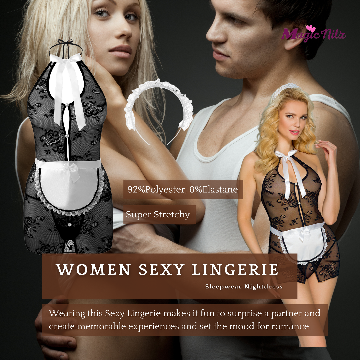 Sexy French Maid 4 Pcs Lace Costume Babydoll Lingerie Set