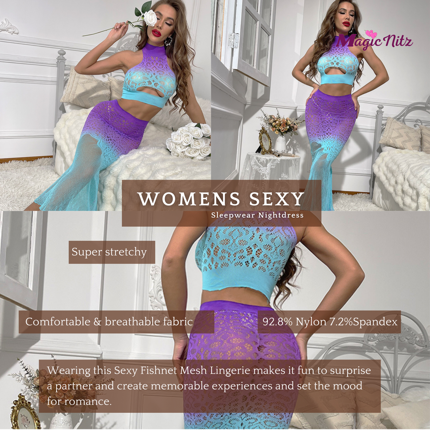 Sexy Fishnet Dress,Mesh Lingerie,See-Through Babydoll,Stretchy Sleepwear Nightwear Hollow Out, 2pcs Fishtail Nightdress for Cosplay Role Play