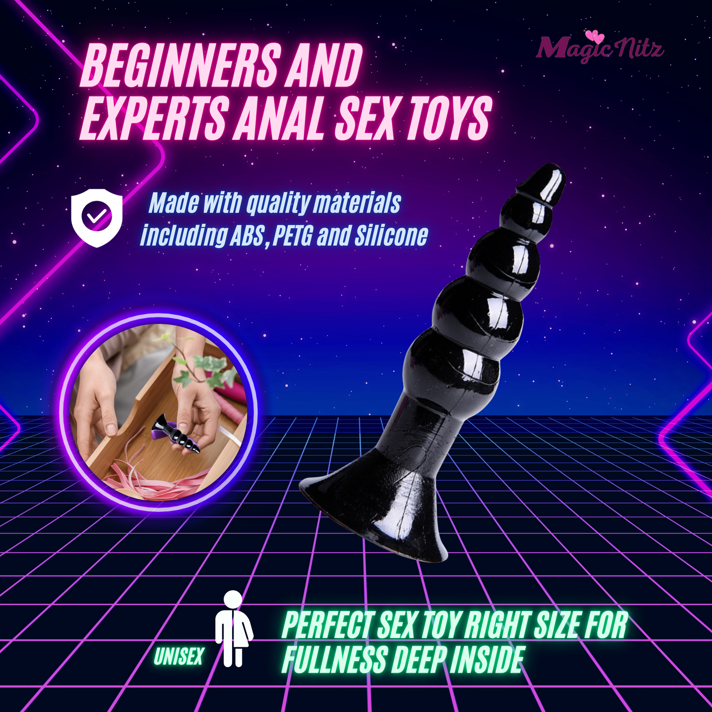 Black Soft Suction Cup Beaded Anal Plug Suction Base Hands Free Fun