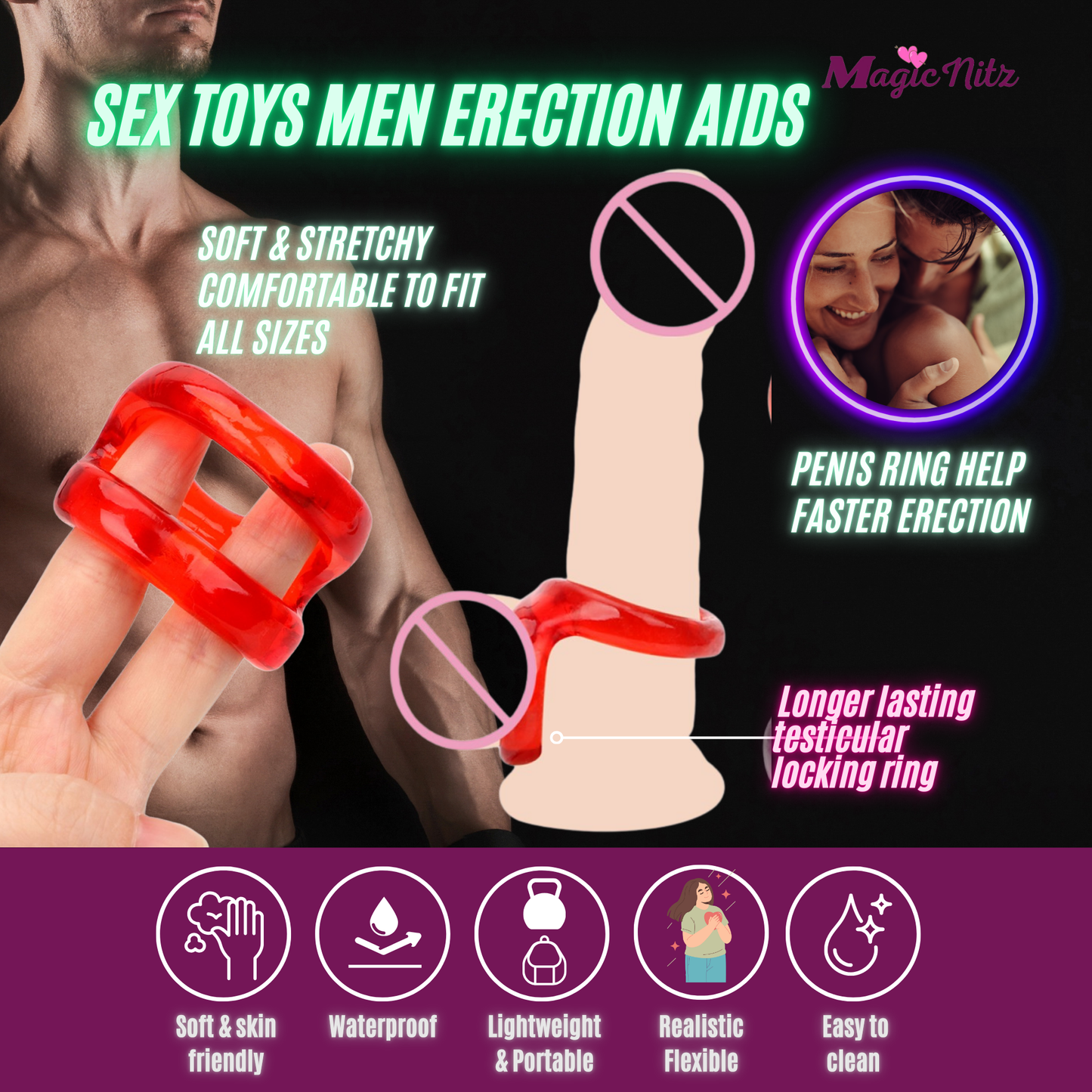Silicone Dual Lock Cock Ring Penis Enhancer Prolong Erection