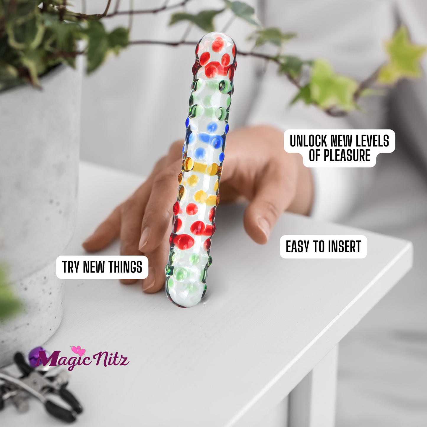 Glistening Colourful Rainbow Raindrop Textured Crystal Glass Dildo