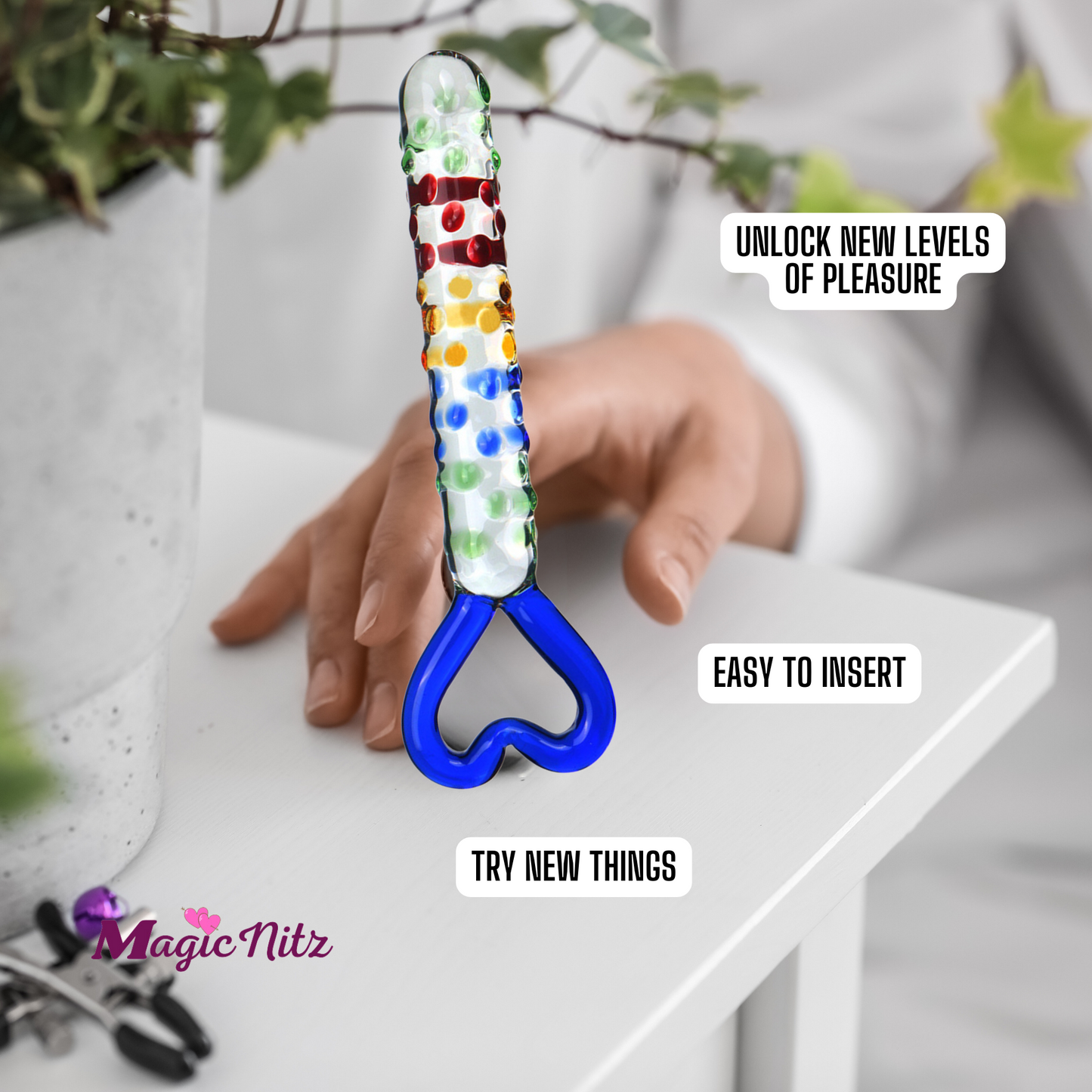 Glistening Colourful Rainbow Raindrop Textured Crystal Glass Dildo With Heart Shape Handle
