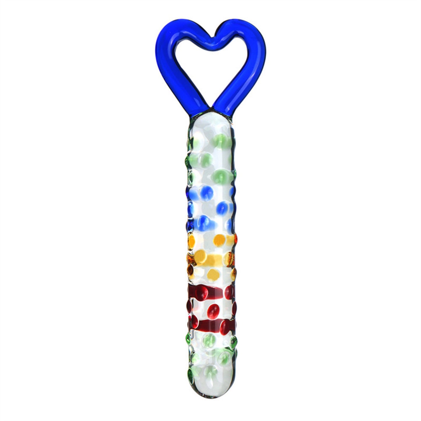 Glistening Colourful Rainbow Raindrop Textured Crystal Glass Dildo With Heart Shape Handle