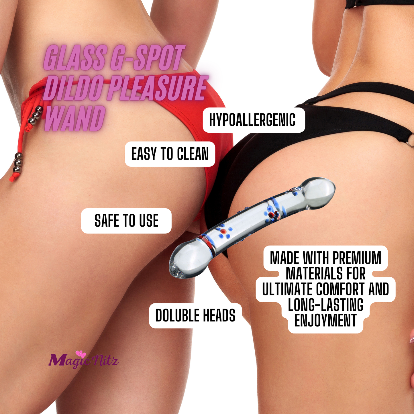 Double Heads Blue Flower Spots Anal Butt Plug Clear Glass Dildo