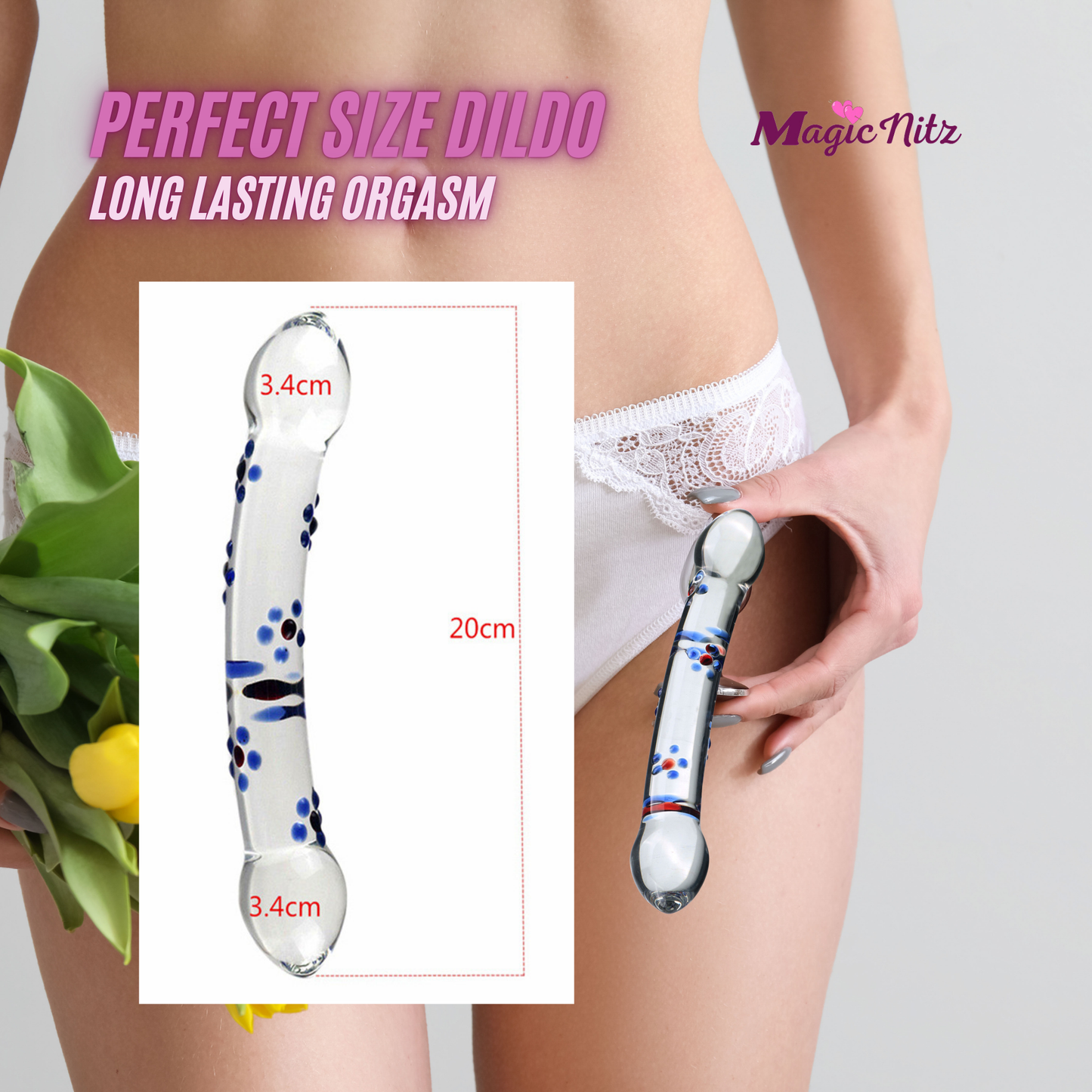 Double Heads Blue Flower Spots Anal Butt Plug Clear Glass Dildo