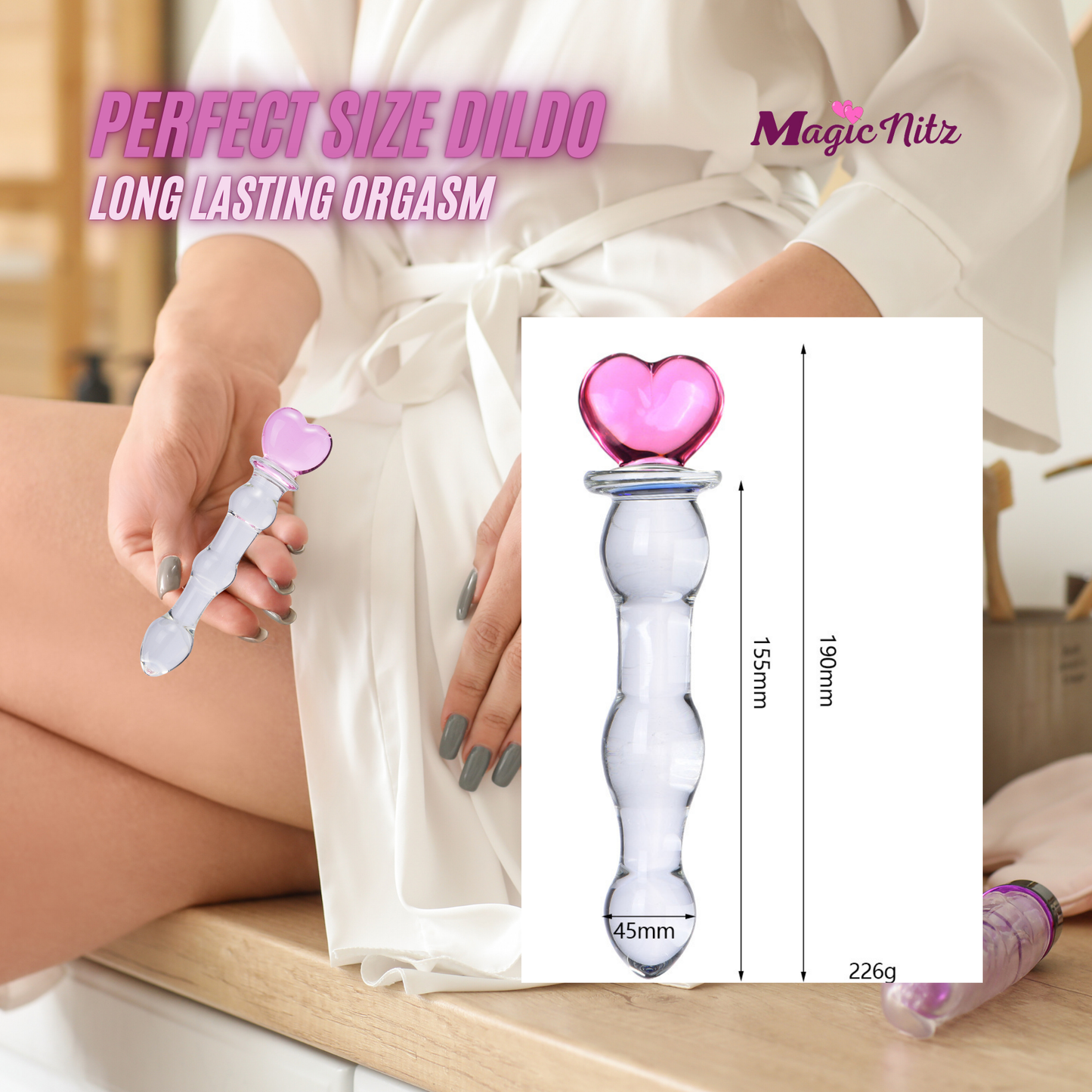 Heart Handle Butt Plug Anal Textured Clear Glass Dildo – Blue and Pink