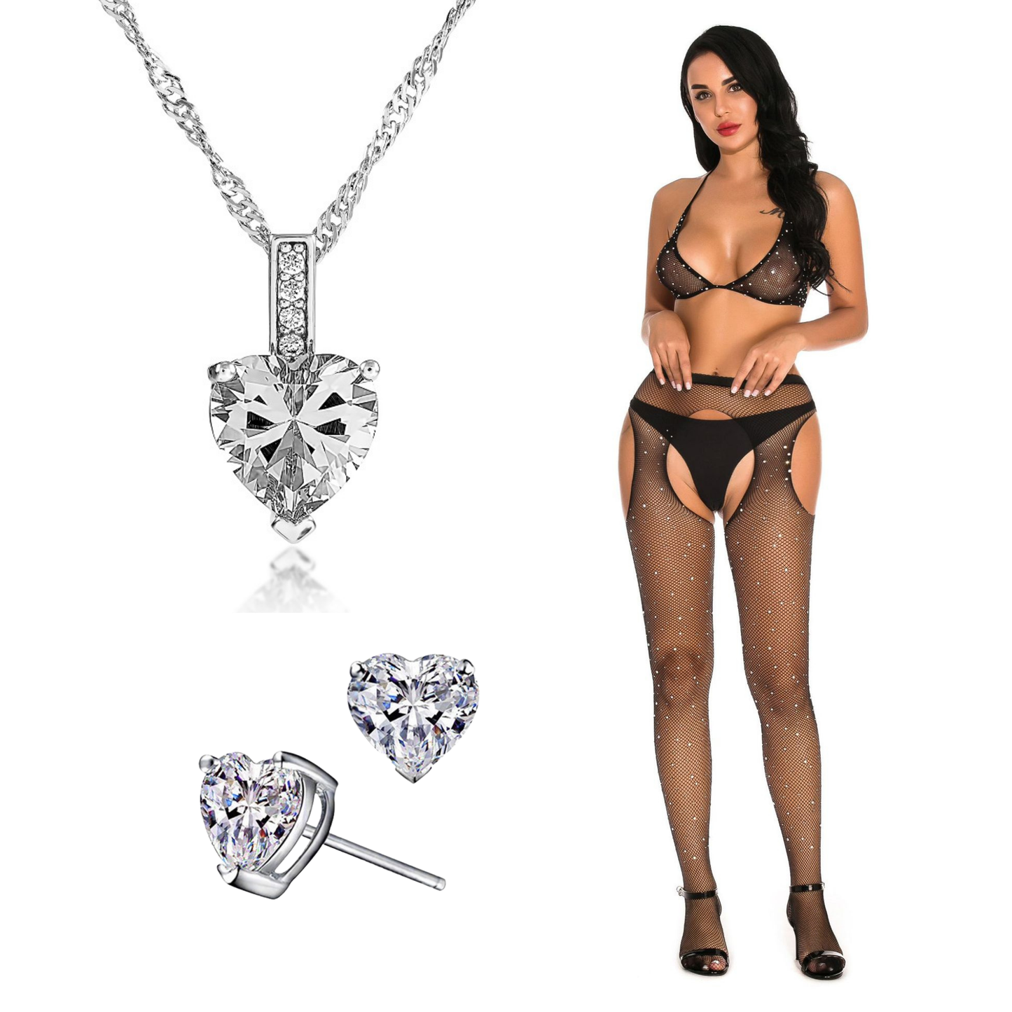 Diamante Lingerie Set with Love Heart C/Z Necklace and Stud Earrings Valentine's Bundle