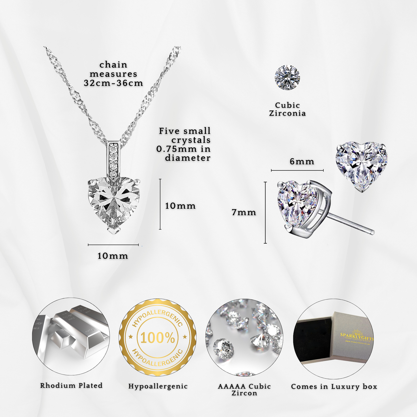 Diamante Lingerie Set with Love Heart C/Z Necklace and Stud Earrings Valentine's Bundle