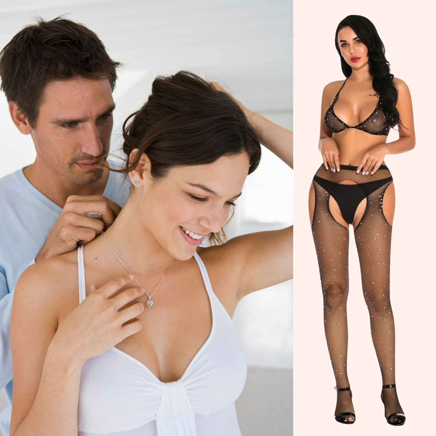 Diamante Lingerie Set with Love Heart C/Z Necklace and Stud Earrings Valentine's Bundle