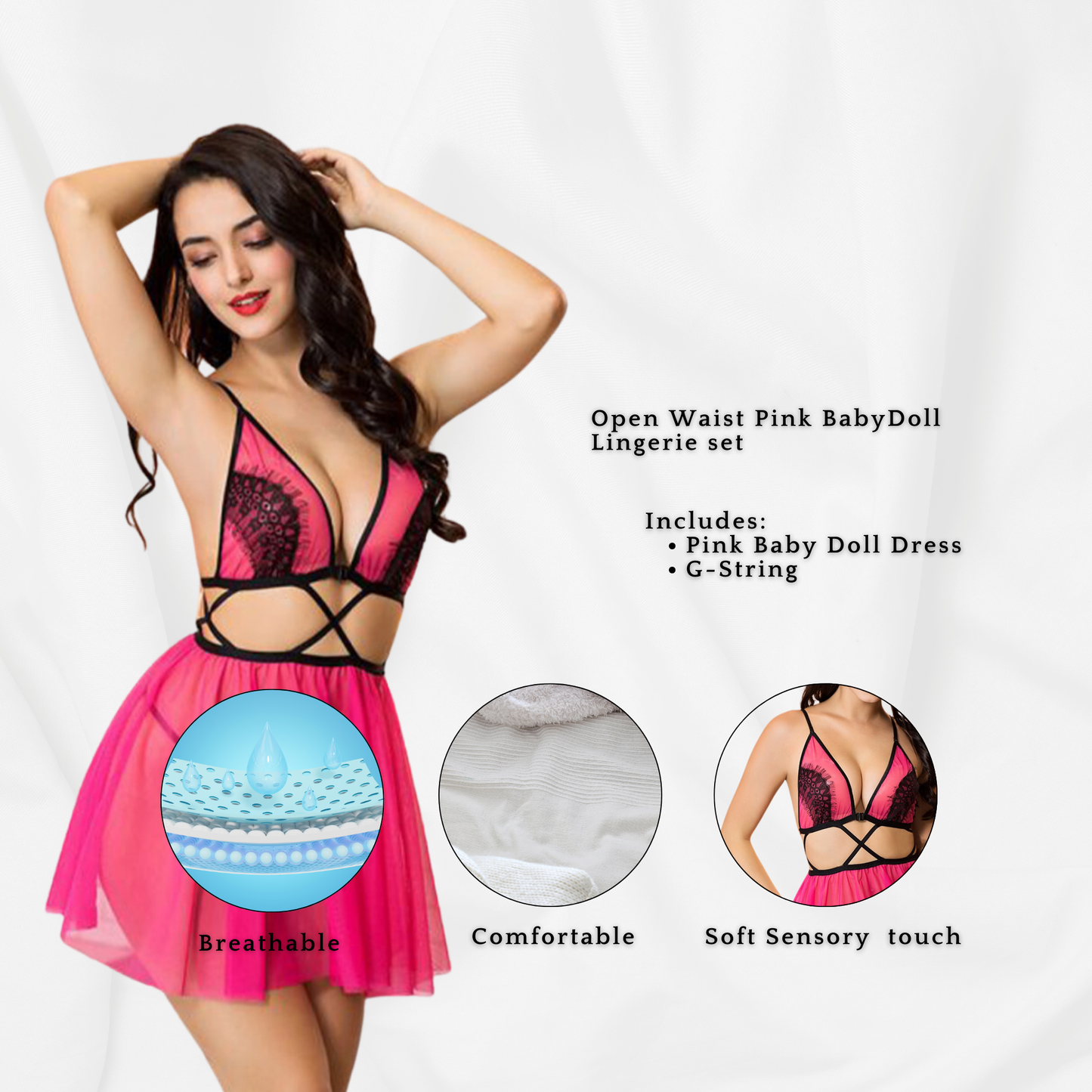 Open Waist Pink Baby Doll Lingerie and C/Z Drop Hook Earrings Valentine's Bundle