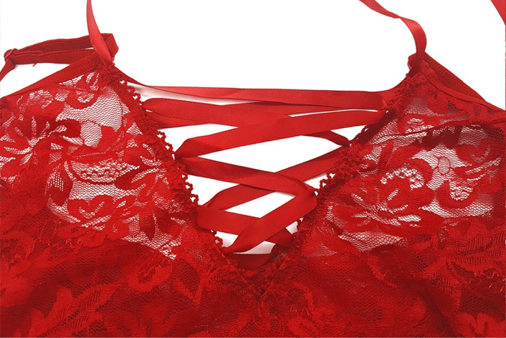 Sheer Red Mesh Split Babydoll Gown With a G-string Set