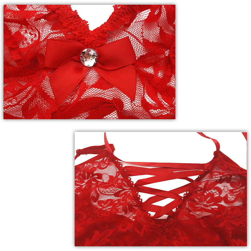 Sheer Red Mesh Split Babydoll Gown With a G-string Set