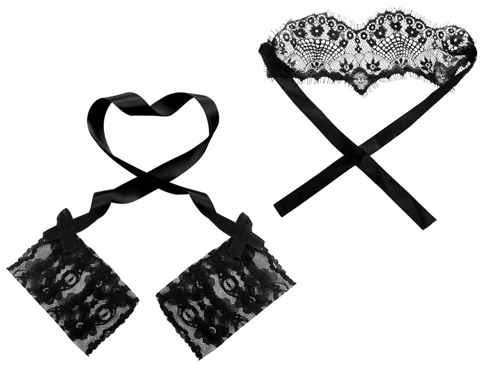Thigh High Lace Suspender Stockings and Blindfold Handcuff Lace Eye Mask Set