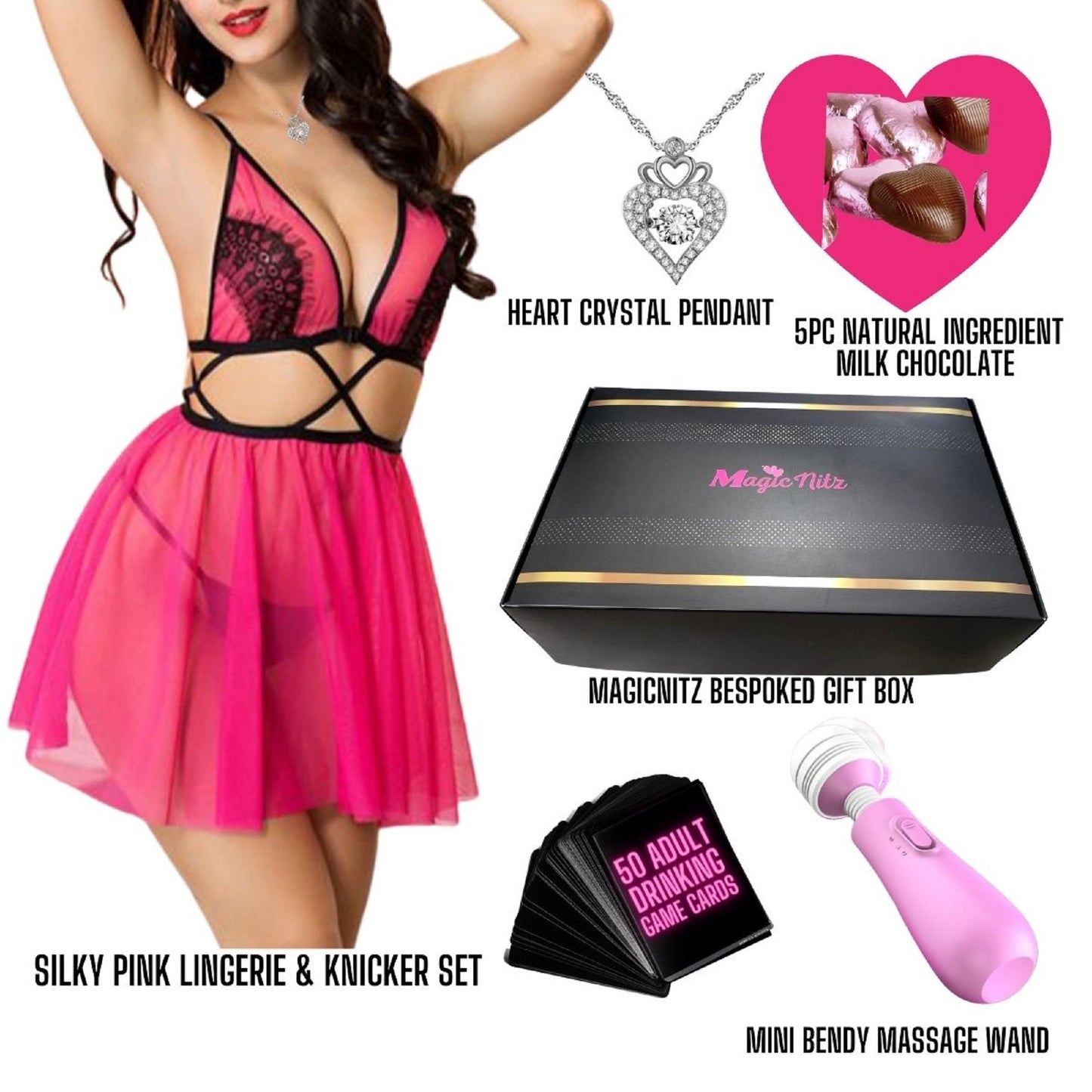 Adult Lingerie Sexy Toy Game Card Jewellery with Chocolates 10pc Bundle Set