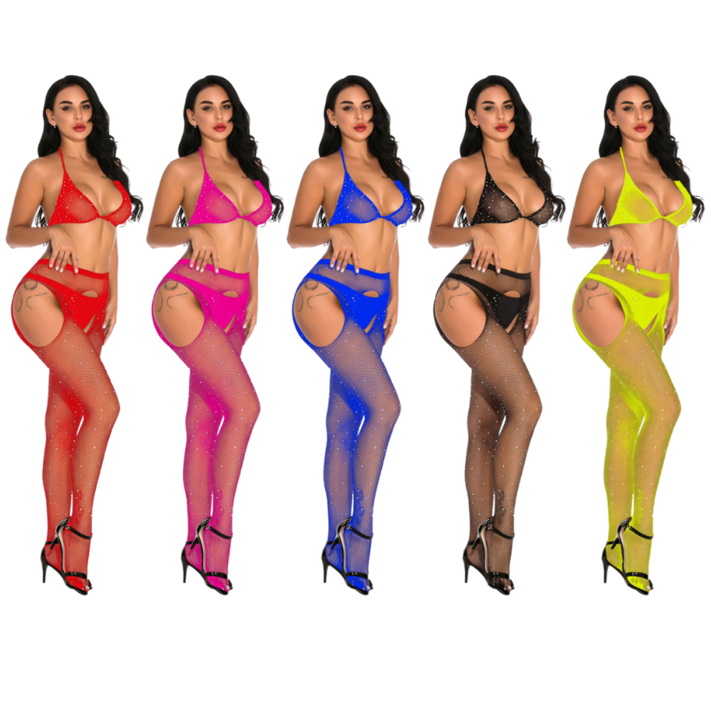 Diamante Fishnet Stockings with Matching Bra