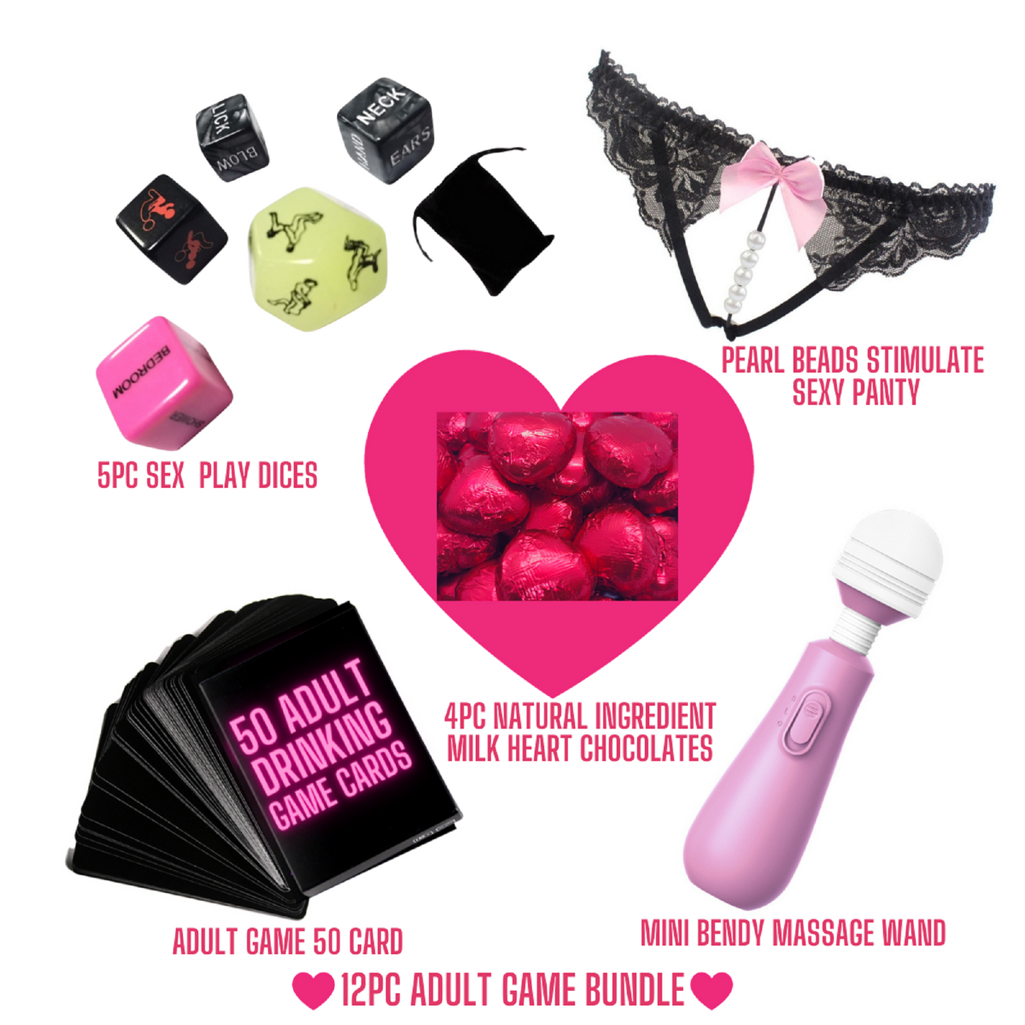 12PC Adult Bundle Sexy Lace Crotchless Knicker, Vibrator And Dice & Chocolates Set
