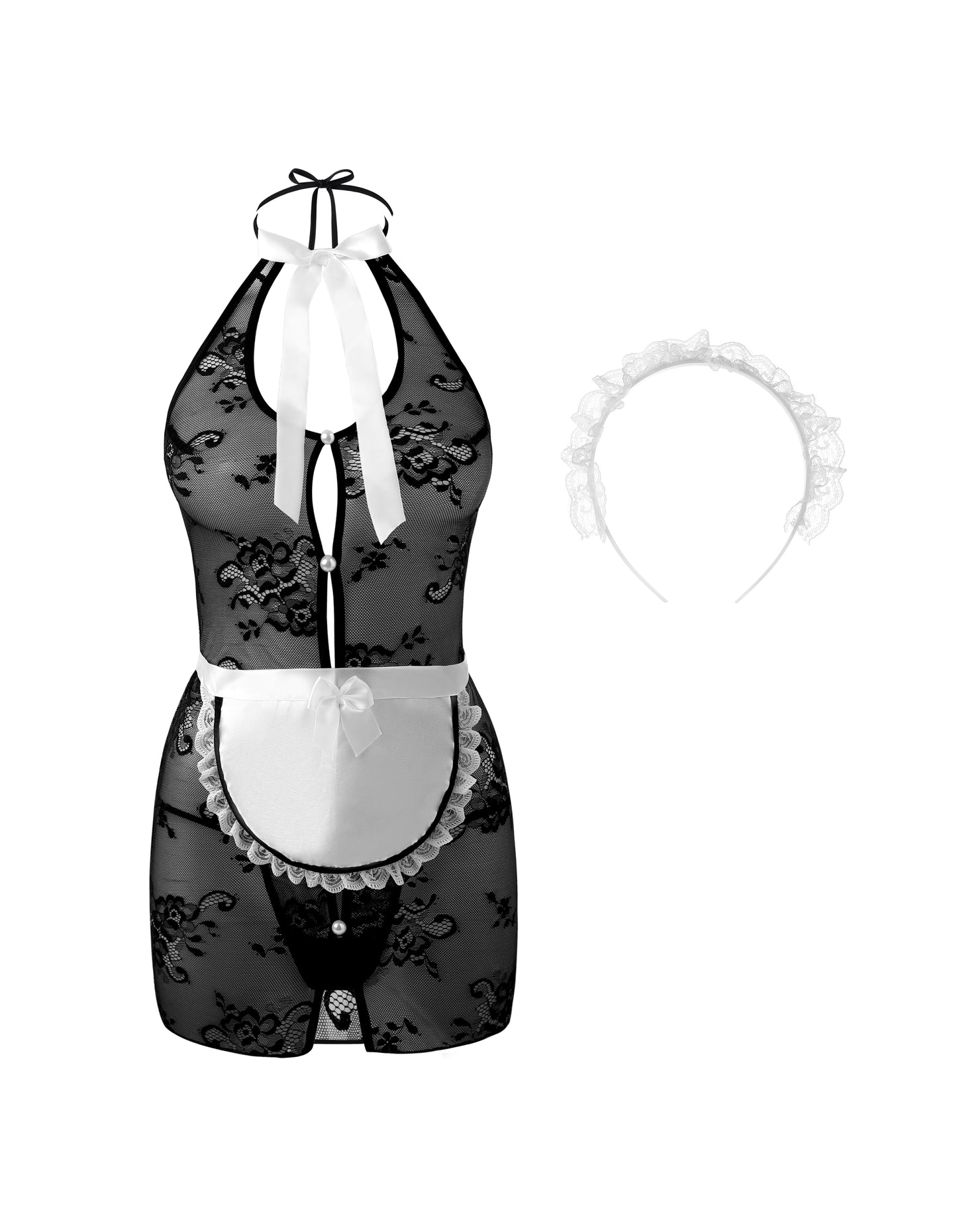 Sexy French Maid 4 Pcs Lace Costume Babydoll Lingerie Set