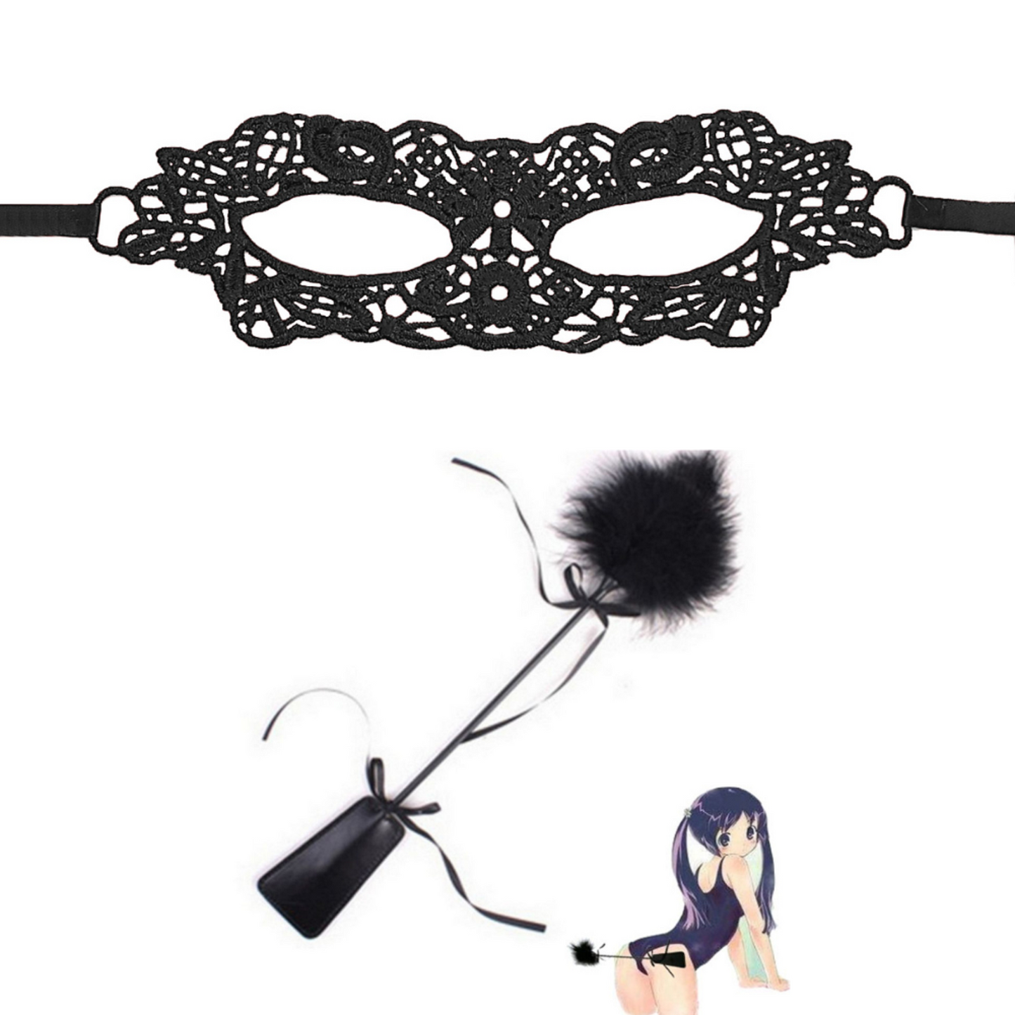 2-in-1 Spanking Paddle and Tickler and Masquerade Lace Mask Set