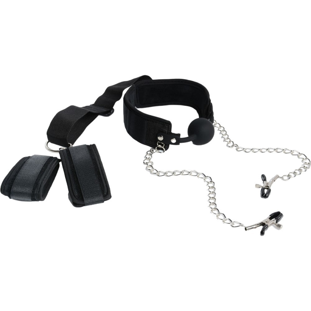 7 Inch Bullet Vibrator with All In One Bondage Harness With Handcuffs Restraints Silicone Ball Gag Nipple Clamp