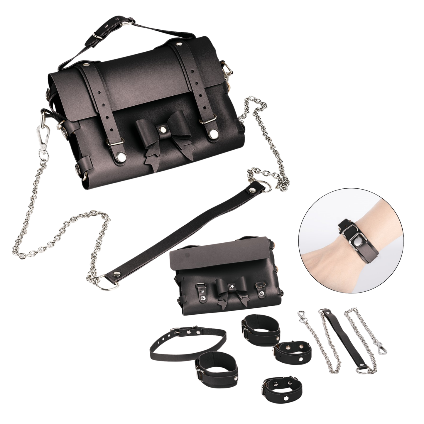 Bondage Transform Set Crossbody Shoulder Bag Detachable Handcuffs Ankle Straps Collar Body Restraint BDSM