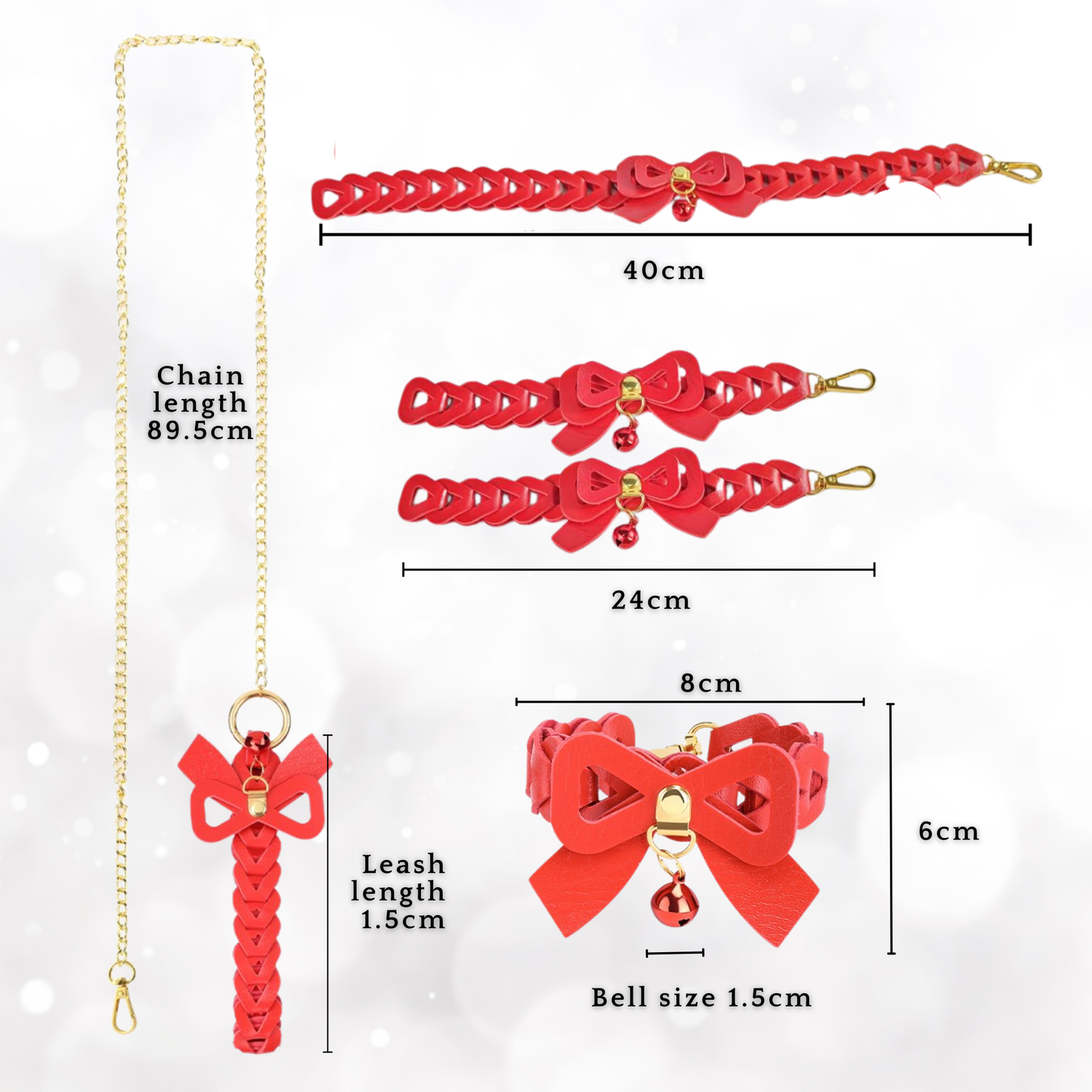 Red Leather Handcuffs and Collar Choker Set with Gold Stainless Steel Chain BDSM