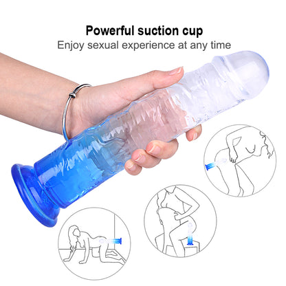Blue Realistic Suction Base Penis Dildo, Strap-On Harness Compatible, Transparent Gradient 7inch/8.46inch