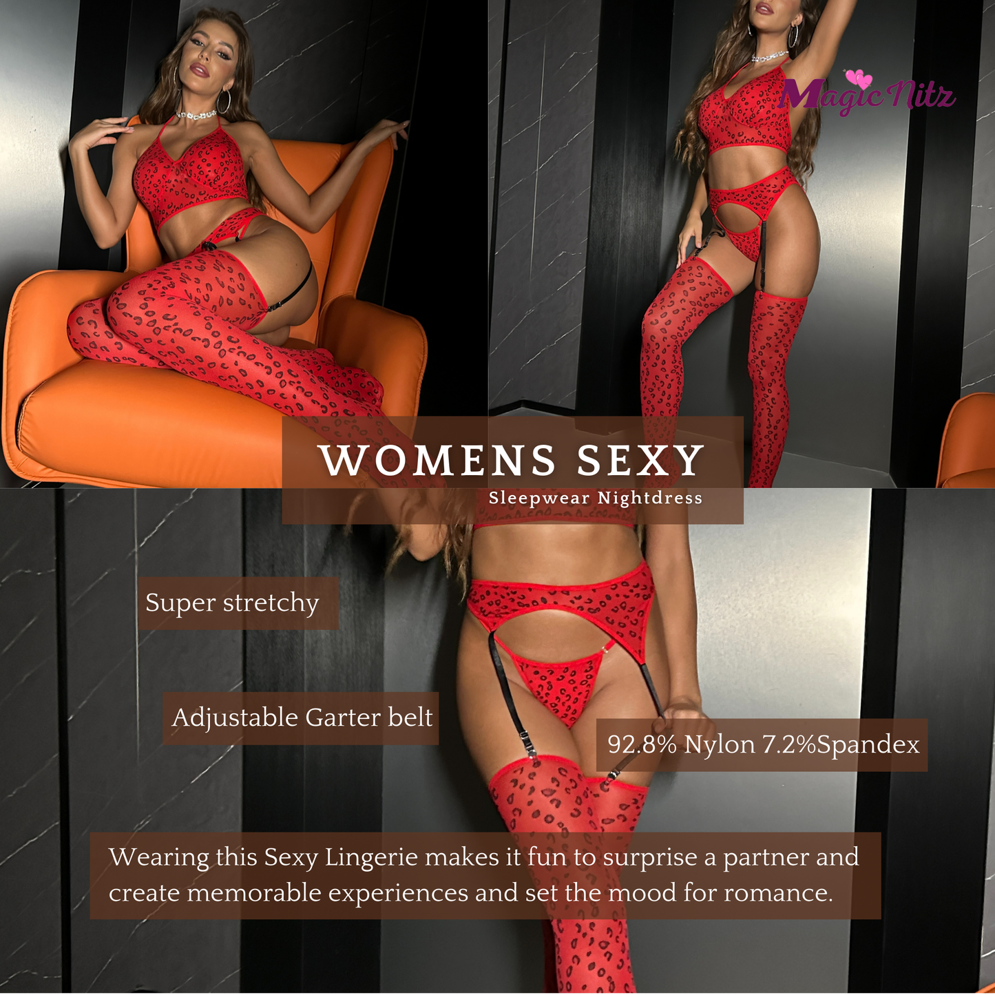 Women Bodysuit Red Bodystocking Lingerie Naughty Sexy Outfits 4PCs Bodysuit Teddy with Garter Belt, G string,Tights, Bra Red Leapard print UK size 8-12