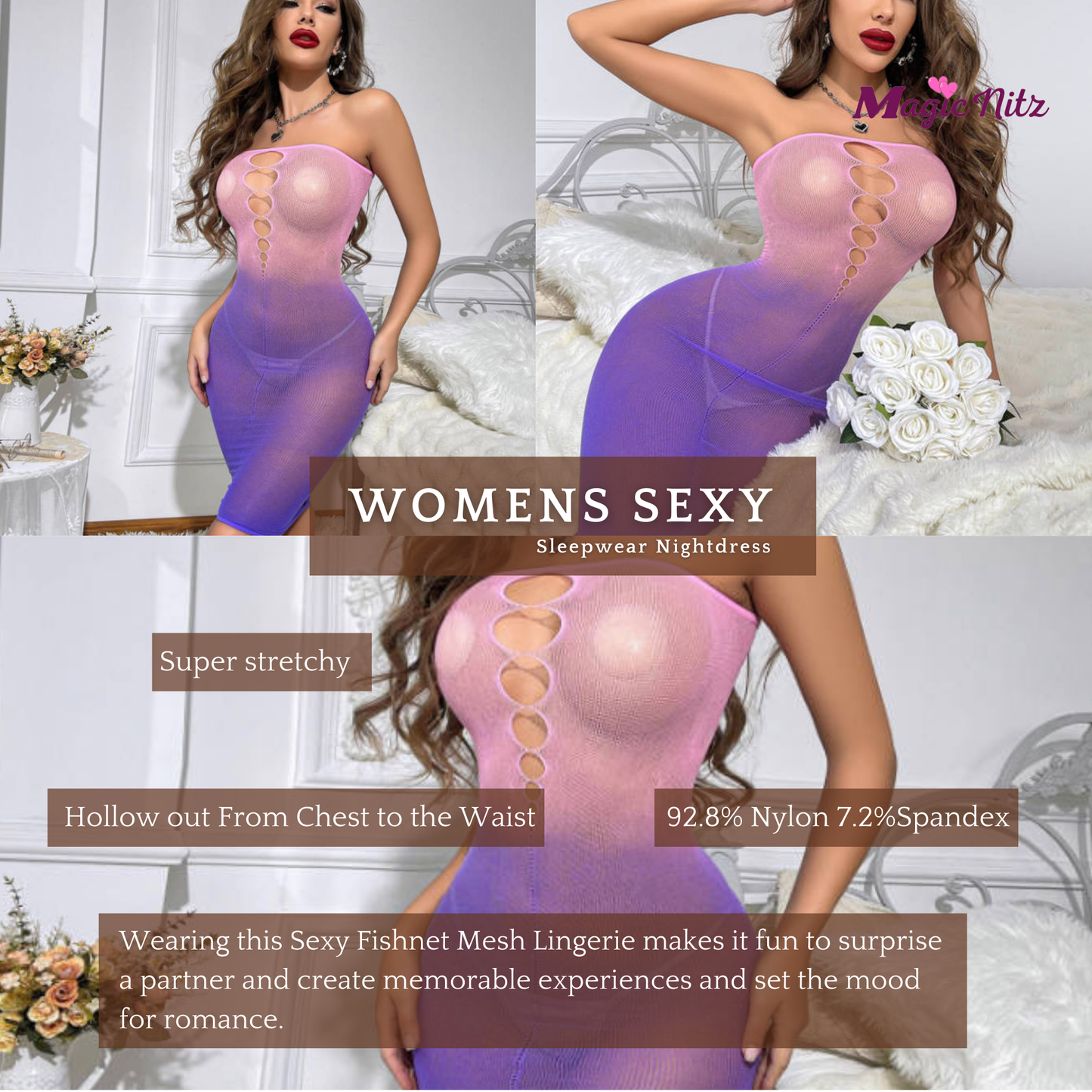 Women Sexy Lingerie,Mesh Lingerie,See-Through Babydoll,Stretchy Sleepwear,Strapless Nightwear Hollow Out, Nightdress for Cosplay Role Play in Pink Purple