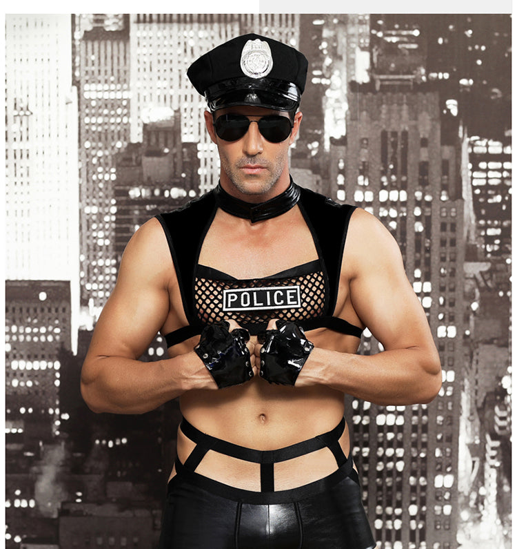 Men's Cosplay Uniform Sexy Policeman Elastic Costume 6pcs Set