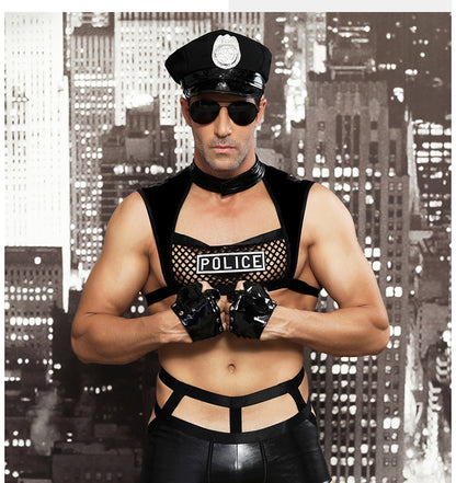 Men's Cosplay Uniform Sexy Policeman Elastic Costume 6pcs Set