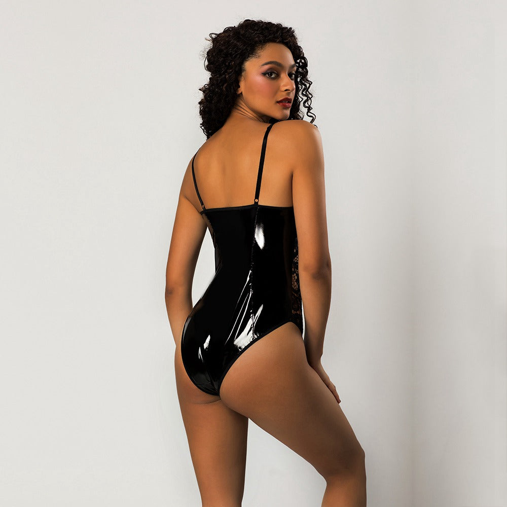Sexy Wet Look Bodysuit  with Lace Sides