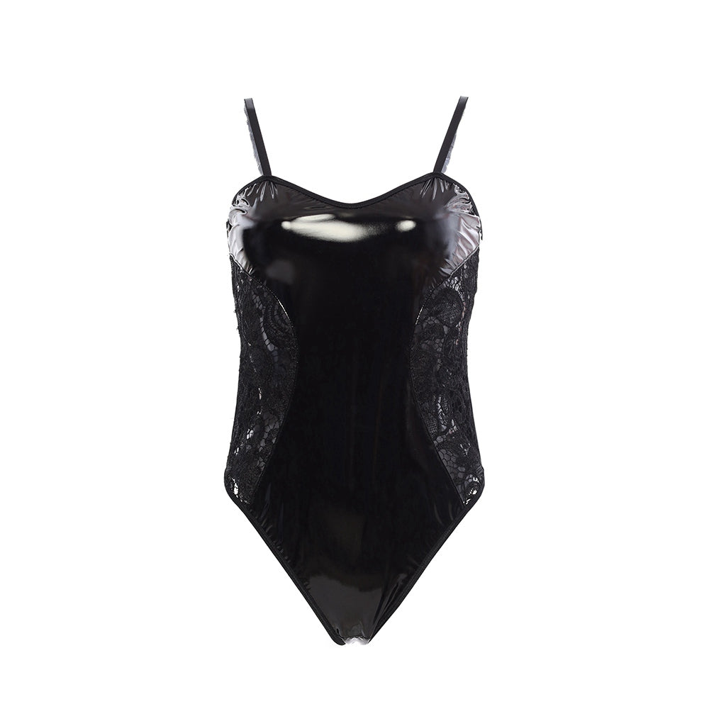 Sexy Wet Look Bodysuit  with Lace Sides