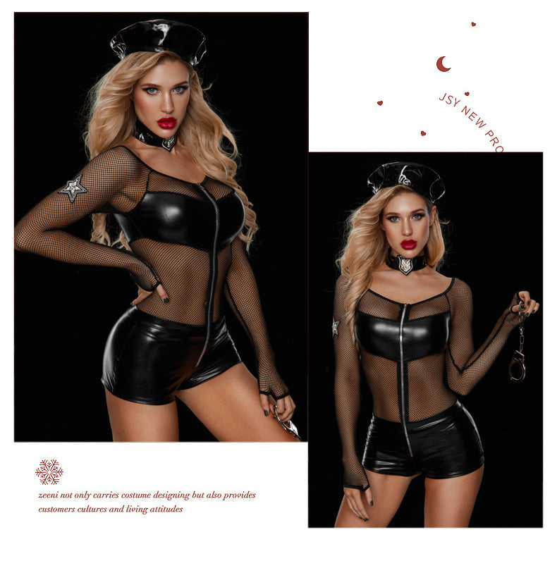 Sexy Wet Look Mesh 4-Piece Police Costume