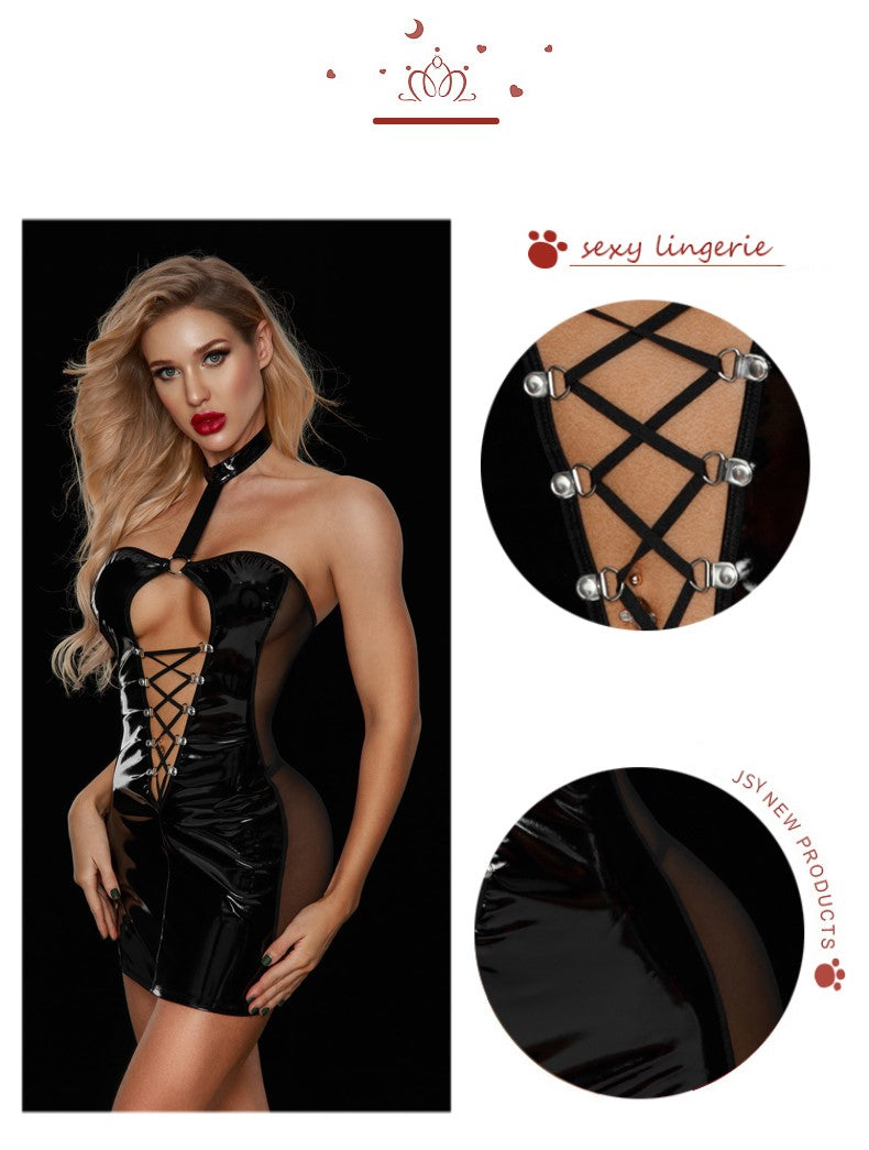 Black Wet-Look Corset Front Dress and a  Thong Set