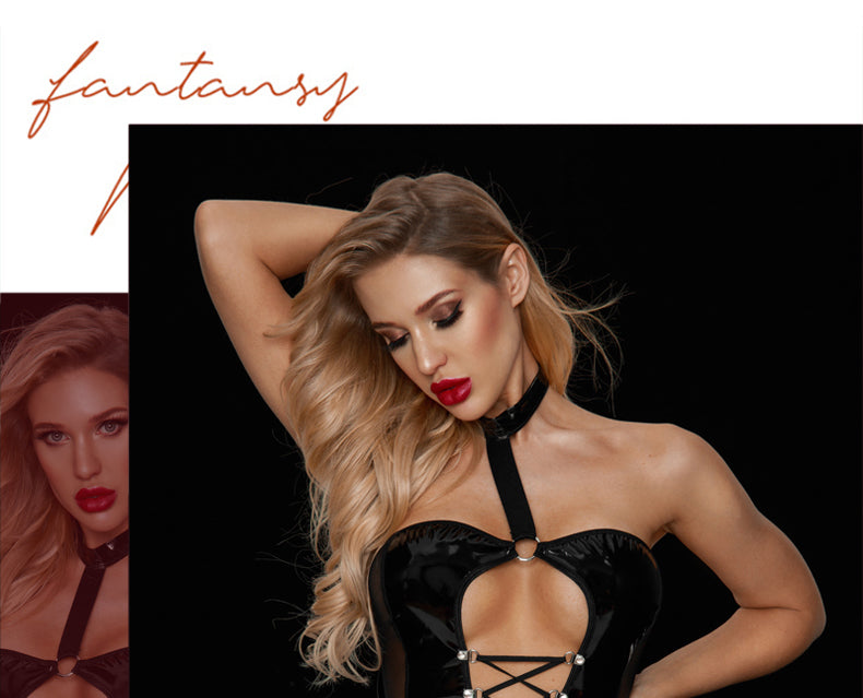 Black Wet-Look Corset Front Dress and a  Thong Set