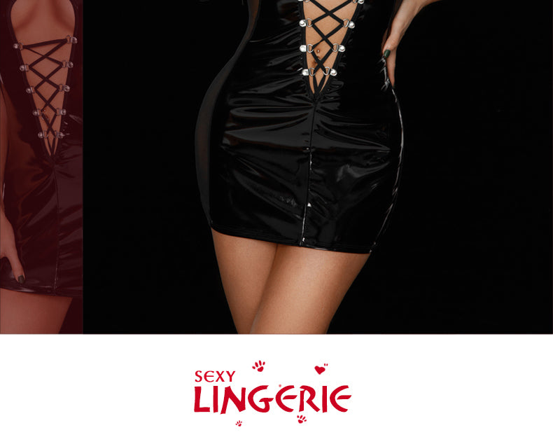 Black Wet-Look Corset Front Dress and a  Thong Set