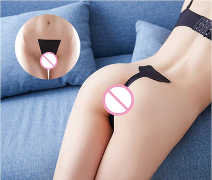 Black Strapless C-String Panties with Lace Heart Design