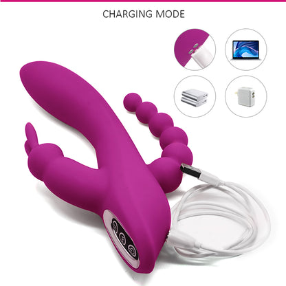 3 in 1 Rabbit Vibrator Clitoral Anal Probe Vaginal Vibrator Dildo Beads