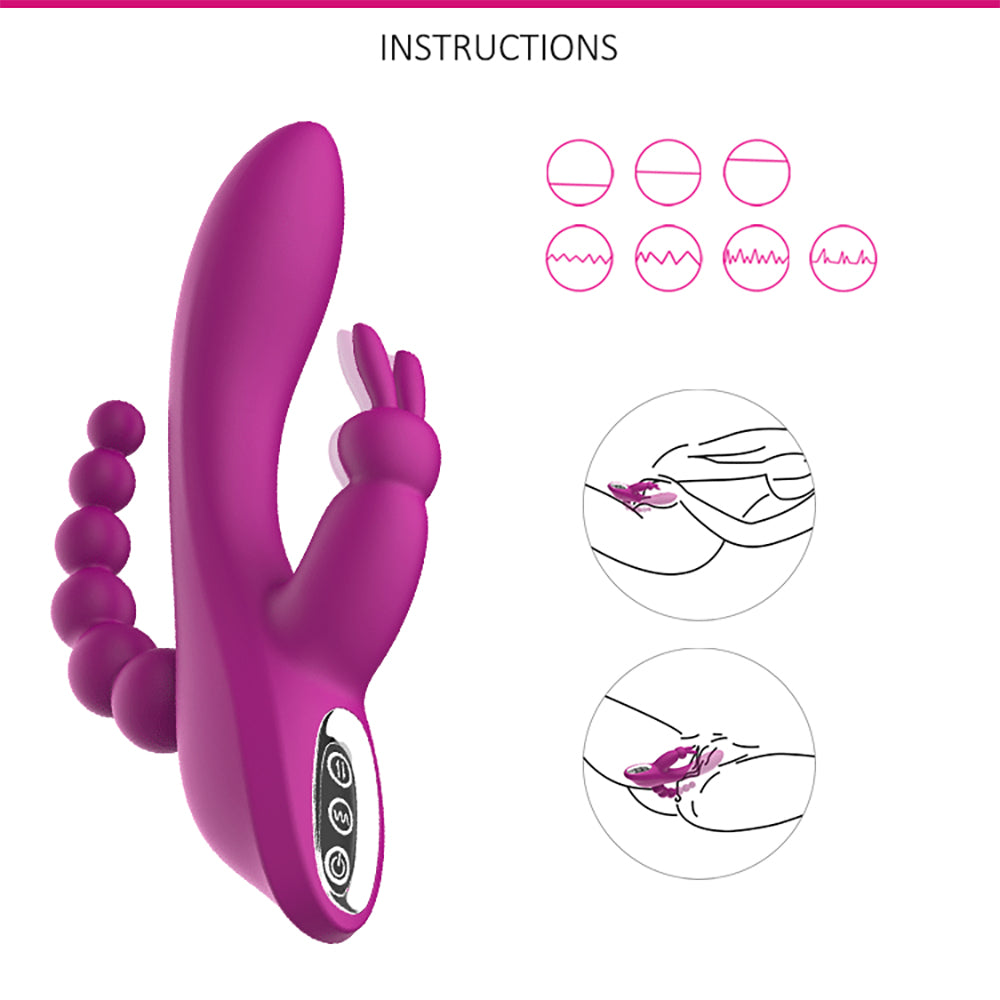 3 in 1 Rabbit Vibrator Clitoral Anal Probe Vaginal Vibrator Dildo Beads