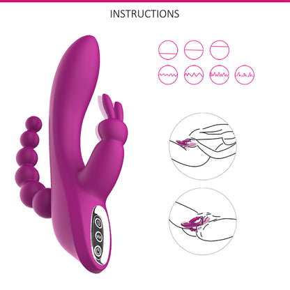3 in 1 Rabbit Vibrator Clitoral Anal Probe Vaginal Vibrator Dildo Beads