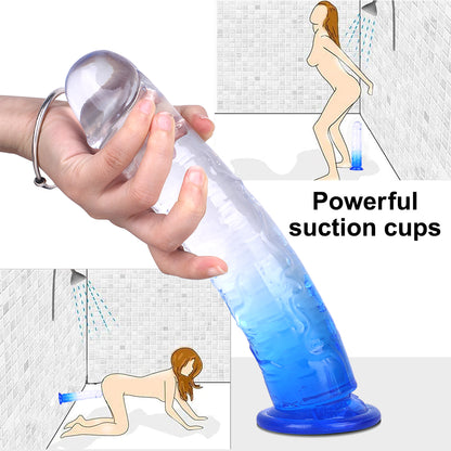 Blue Realistic Suction Base Penis Dildo, Strap-On Harness Compatible, Transparent Gradient 7inch/8.46inch