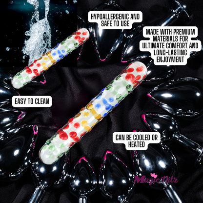 Glistening Colourful Rainbow Raindrop Textured Crystal Glass Dildo