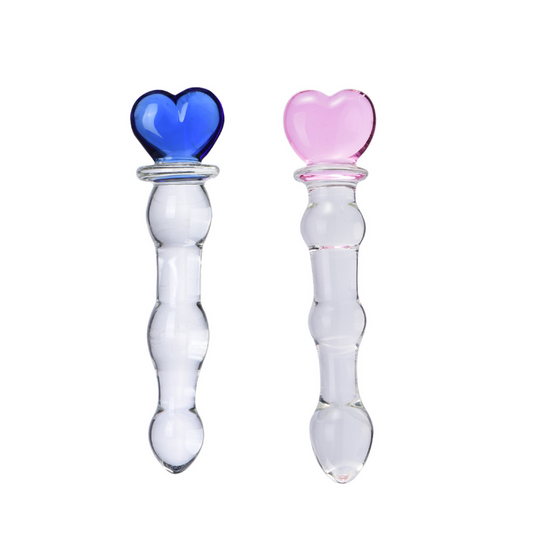Heart Handle Butt Plug Anal Textured Clear Glass Dildo – Blue and Pink