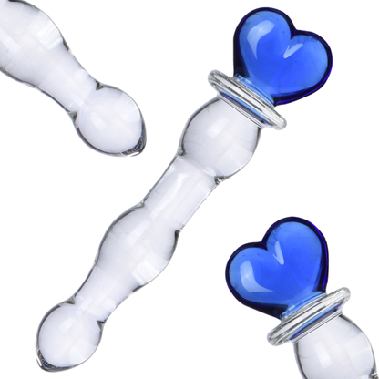 Heart Handle Butt Plug Anal Textured Clear Glass Dildo – Blue and Pink