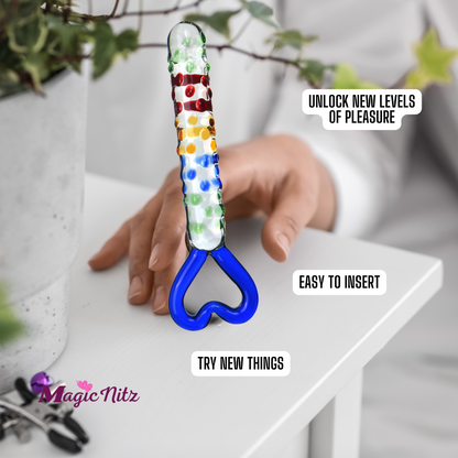 Glistening Colourful Rainbow Raindrop Textured Crystal Glass Dildo With Heart Shape Handle